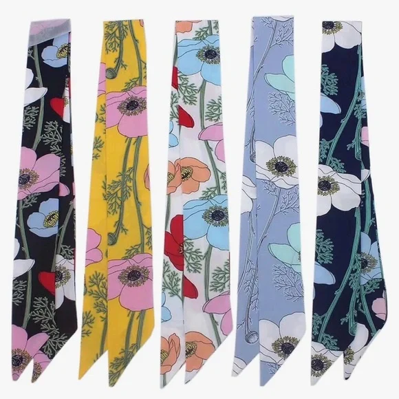 Branches and Floral Patterned Handbag Handle Ribbon Head Band Scarves Set Of Two - Picture 1 of 5